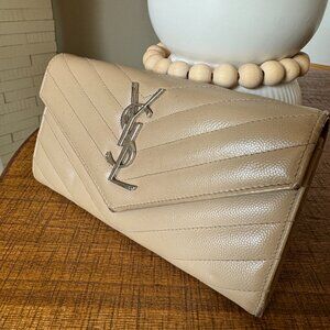 Saint Laurent Monogram YSL Continental V-Flap Wallet Beige/Silver